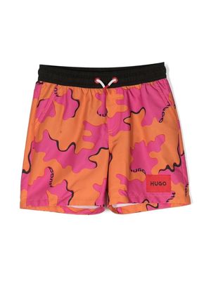 HUGO KIDS abstract-print drawstring swim shorts - Orange