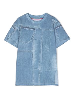 HUGO KIDS denim patchwork-print T-shirt - Blue