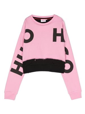 HUGO KIDS logo-print frayed-hem sweatshirt - Pink