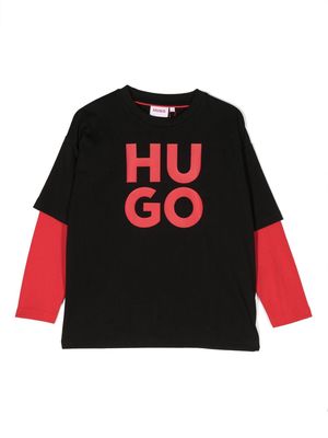 HUGO KIDS logo-print sleeve-overlay T-shirt - Black