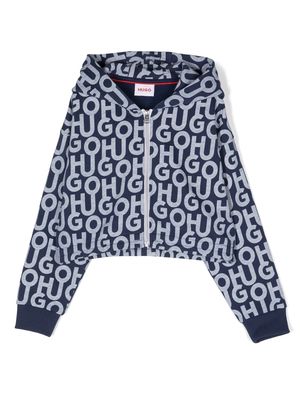 HUGO KIDS logo-printed zip-up hoodie - Blue