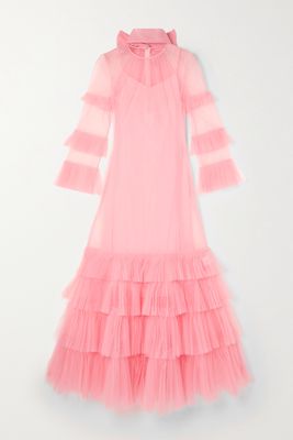 Huishan Zhang - Elisha Tie-detailed Tiered Silk-tulle Gown - Pink