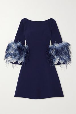 Huishan Zhang - Reign Feather-trimmed Crepe Mini Dress - Blue
