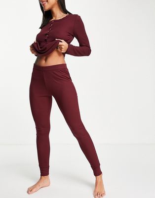 Hunkemoller button front detail mini waffle long sleeve top and legging lounge set in wine-Red