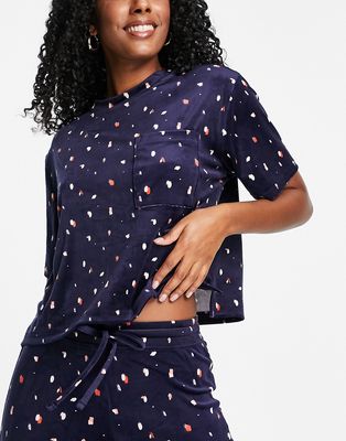 Hunkemoller Dottie short sleeve velour pajama top in navy dot print