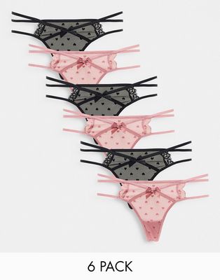 Hunkemoller Melda 6 pack strappy thong in black and pink