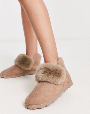 Hunkemoller Mila faux fur lined indoor outdoor bootie slippers in beige-Neutral