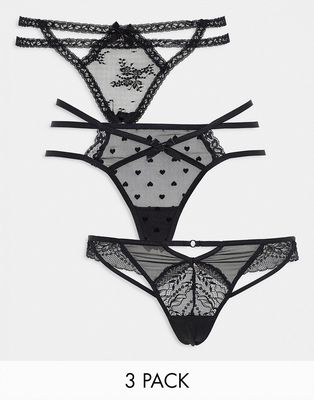 Hunkemoller mixed design lace 3 pack strappy thongs in black