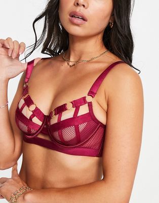 Hunkemoller Sting strappy mesh bra with hardware detail in red
