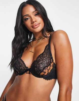 Hunkemoller x Nyakim Gatwech Evie lace and print non padded plunge bra in leopard print-Multi