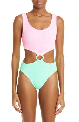 Hunza G Paige Cutout Detail One-Piece Swimsuit in Lime Top /Bubblegum Bottom