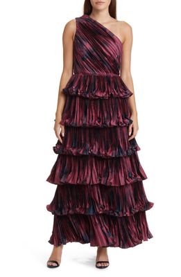 Hutch Enza Tiered One-Shoulder Gown in Wine Watercolor Floral