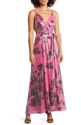 Hutch Glow Sequin Tie Waist Gown in Lilac Watercolor Floral