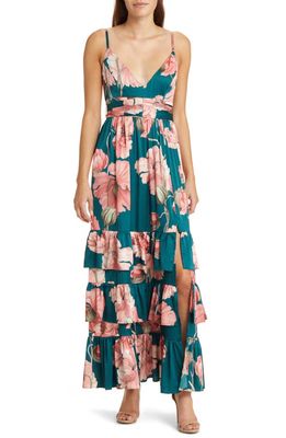 Hutch Guthrie Floral Print Tiered Ruffle Dress in Emerald Vining Painted Floral