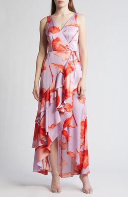 Hutch Layered Ruffle High-Low Wrap Dress in Lavender/Orange Xray Floral