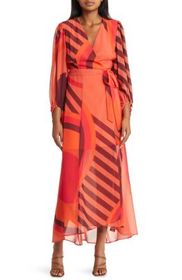 Hutch Lindie Geo Print Long Sleeve Wrap Dress in Coral Retro Geo