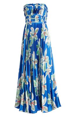 Hutch Mariah Floral Strapless Pleated Maxi Dress in Blue