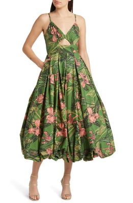 Hutch Marley Bubble Hem Maxi Dress in Green Delicate Outline Floral