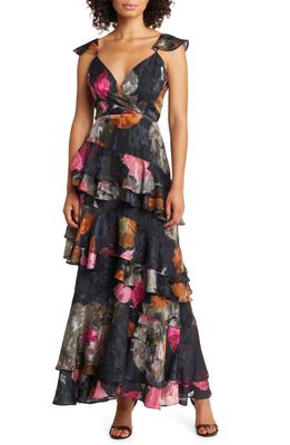 Hutch Miah Floral Tiered Ruffle Gown in Black Watercolor Floral