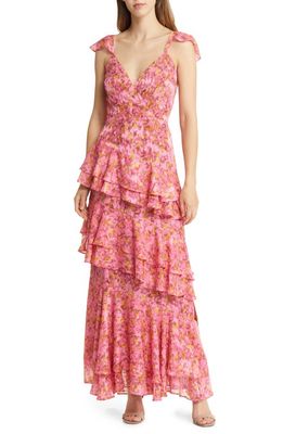 Hutch Miah Floral Tiered Ruffle Gown in Pink/Yellow Floral Burnout