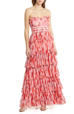 Hutch Monaco Strapless Ruffle Tiered Plissé Gown in Blush Red Poppies Tulle
