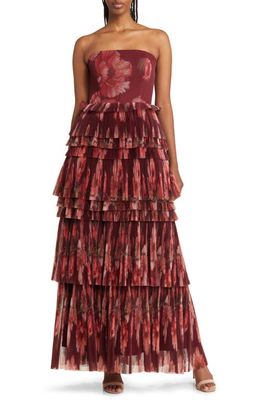 Hutch Nalina Tiered Strapless Maxi Dress in Wine Vining Painted Floral