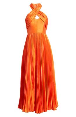 Hutch Pleated Crossover Halter Gown in Orange 