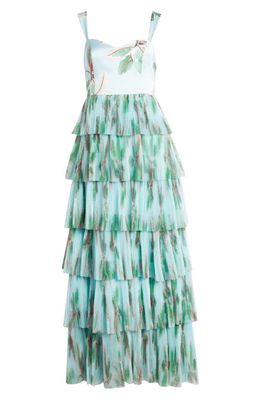 Hutch Sabina Floral Tiered Plissé Gown in Blue
