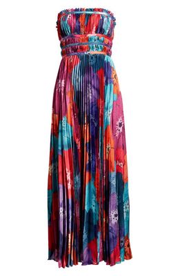 Hutch Sabina Floral Tiered Plissé Gown in Multi Overlapping Poppies