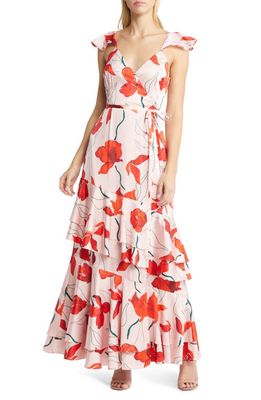 Hutch Senna Floral Tiered Wrap Maxi Dress in Blush Red Poppies Satin
