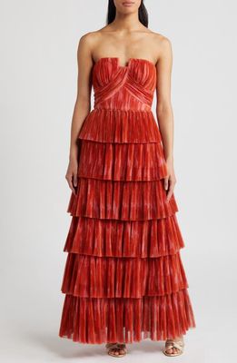 Hutch Simi Plissé Ruffle Strapless Gown in Orange Romantic Floral