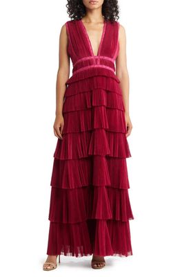 Hutch Sleeveless Plunge Neck Plissé Gown in Red