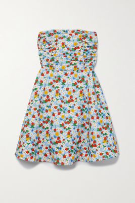 HVN - Karla Strapless Ruched Printed Cotton-blend Poplin Mini Dress - Blue