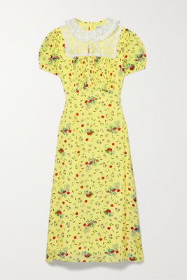 HVN - Penny Lace-paneled Printed Crepe Midi Dress - Yellow
