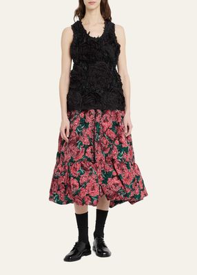 Hybrid Floral Bubble-Hem Midi Skirt