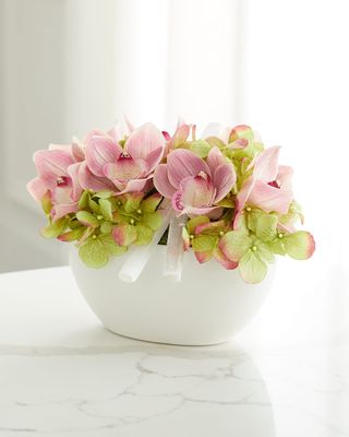 Hydrangea and Orchid Faux Floral Arrangement in Ceramic Bowl with Selenite - 8"