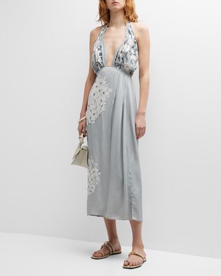 Hydrangea-Print Hand-Draped Halter Maxi Dress
