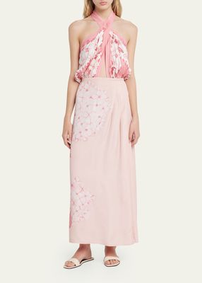 Hydrangea-Print Saree Hand-Draped Midi Dress