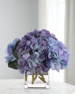 Hydrangeas 10" Faux Floral Arrangement in Glass Cube