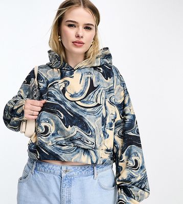 I Saw It First Plus acid wash cropped hoodie in marble-Blue