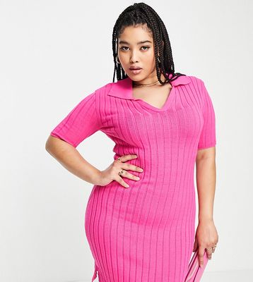 I Saw It First Plus shirt sleeve ribbed midi dress with side slit in pink-Blue