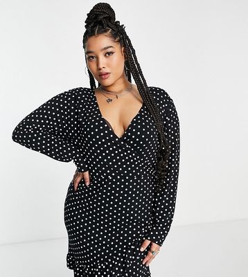 I Saw It First Plus short sleeve wrap front ruffle dress in polka dot-Multi