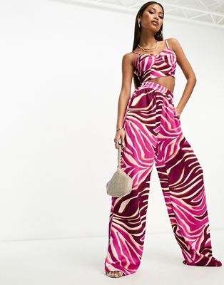 I Saw It First satin wide leg pants in pink zebra - part of a set-Multi