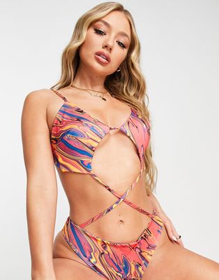 I Saw It First tie front swimsuit in bright print-Multi