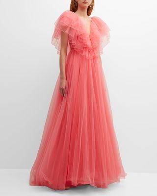 Ibis Embellished Tiered Ruffle Plunging Gown