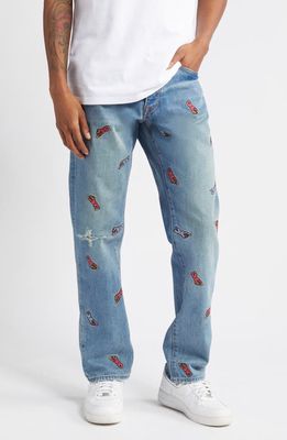 ICECREAM All Caps Embroidered Straight Leg Jeans in Faded