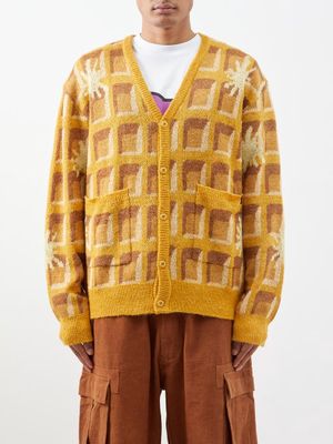 Icecream - Waffle-jacquard Knitted V-neck Cardigan - Mens - Gold