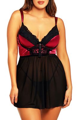 iCollection Microfiber & Lace Chemise & G-String Thong Set in Wine
