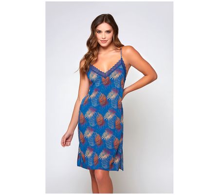 iCollection Palm Print Chemise with Lace Trim D etail