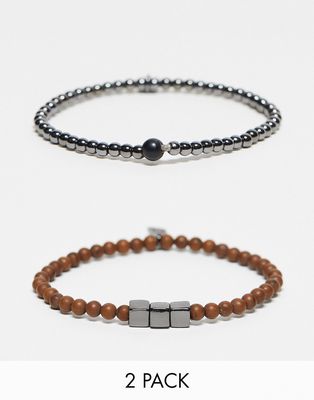 Icon Brand 2 pack of bead and gunmetal bracelets in multi-Gold